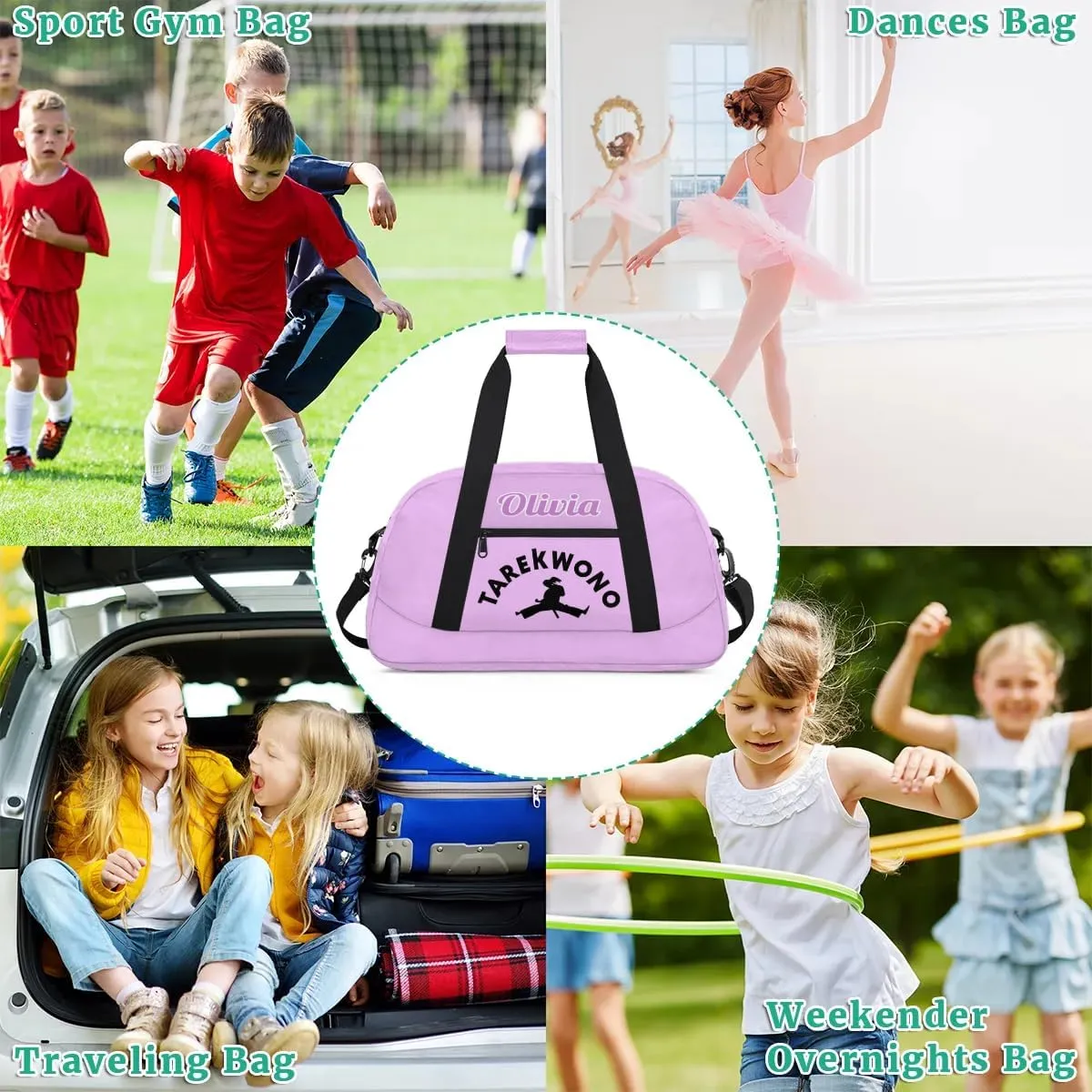Custom Karate Sports Gym Bag for Girls Boys, Overnight Duffel Bags Cheerleader for Kids Personalized Dance Bag, Gymnastics Duffel Bag - Taekwondo