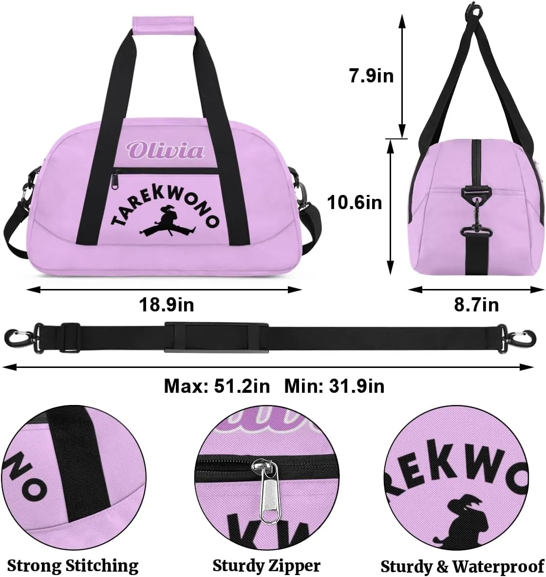Custom Karate Sports Gym Bag for Girls Boys, Overnight Duffel Bags Cheerleader for Kids Personalized Dance Bag, Gymnastics Duffel Bag - Taekwondo