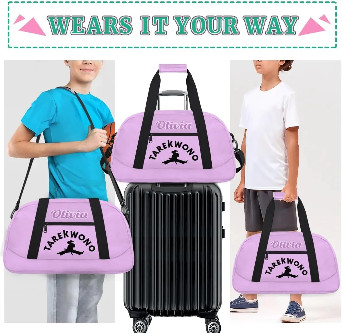 Custom Karate Sports Gym Bag for Girls Boys, Overnight Duffel Bags Cheerleader for Kids Personalized Dance Bag, Gymnastics Duffel Bag - Taekwondo