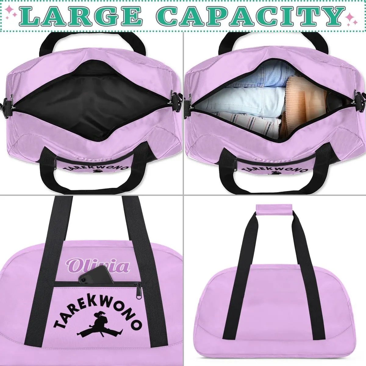Custom Karate Sports Gym Bag for Girls Boys, Overnight Duffel Bags Cheerleader for Kids Personalized Dance Bag, Gymnastics Duffel Bag - Taekwondo