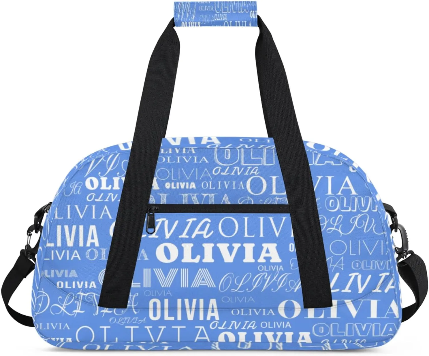 Custom Kids Duffel Bag with Your Name Lightweight Waterproof Personalized Sports Gym Bag with Front Zipper Pocket Foldable Weekender Overnight Bag for School Practice Gymnastic Ballet Cornflower Blue
