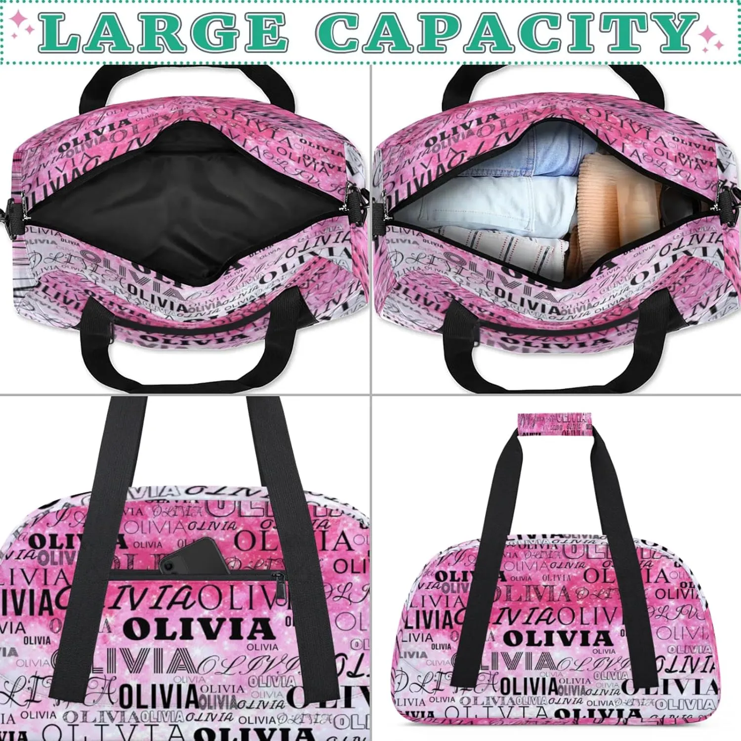 Custom Kids Duffel Bag with Your Name Lightweight Waterproof Personalized Sports Gym Bag with Front Zipper Pocket Foldable Weekender Overnight Bag for School Practice Gymnastic Ballet