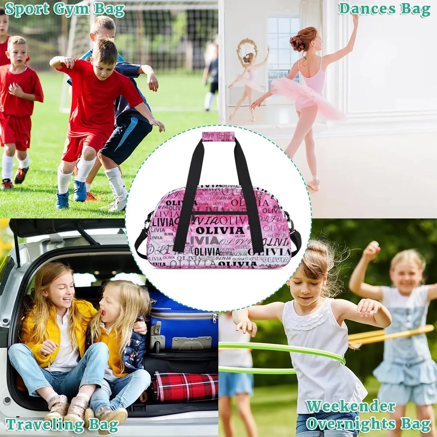 Custom Kids Duffel Bag with Your Name Lightweight Waterproof Personalized Sports Gym Bag with Front Zipper Pocket Foldable Weekender Overnight Bag for School Practice Gymnastic Ballet