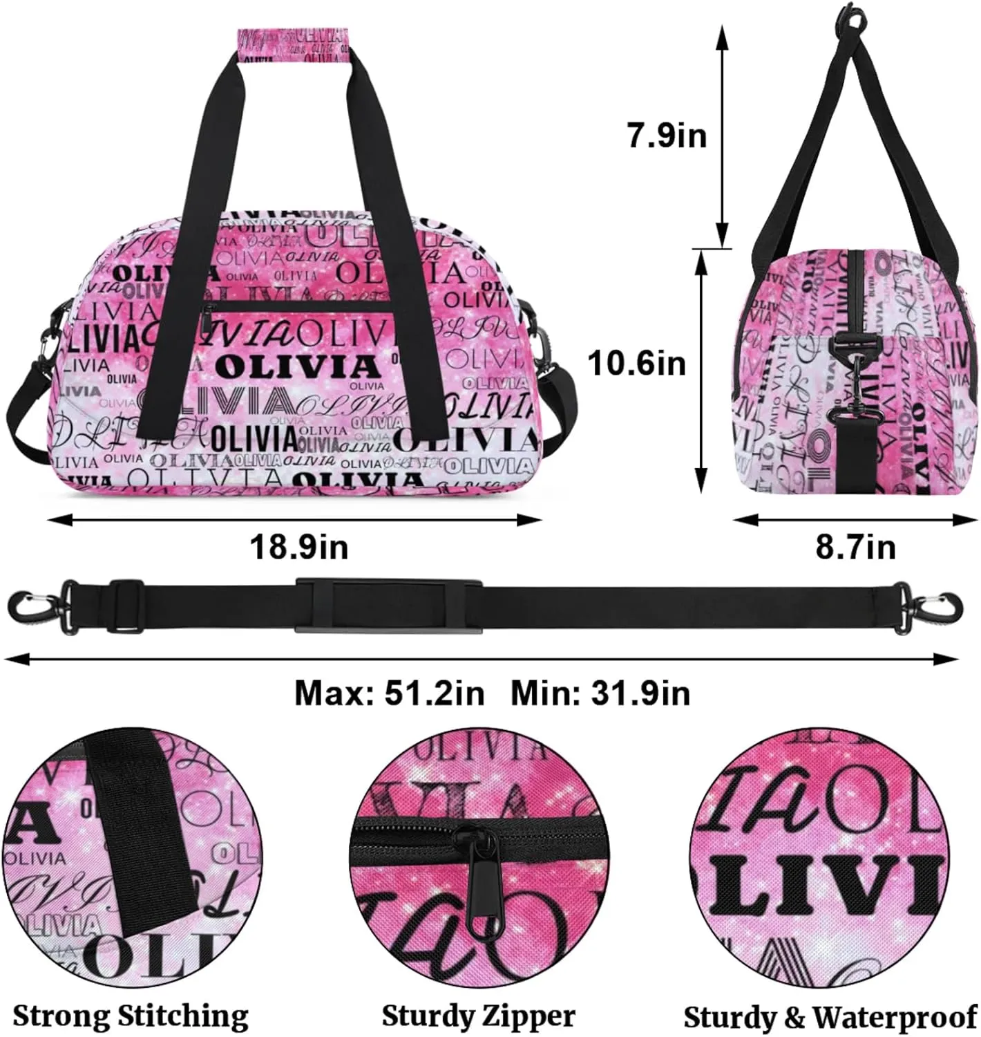 Custom Kids Duffel Bag with Your Name Lightweight Waterproof Personalized Sports Gym Bag with Front Zipper Pocket Foldable Weekender Overnight Bag for School Practice Gymnastic Ballet