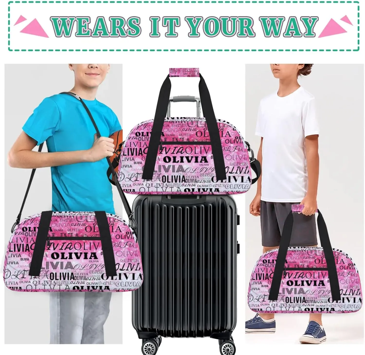 Custom Kids Duffel Bag with Your Name Lightweight Waterproof Personalized Sports Gym Bag with Front Zipper Pocket Foldable Weekender Overnight Bag for School Practice Gymnastic Ballet