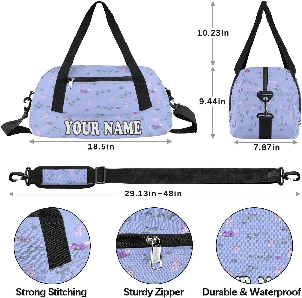 Custom Kids Duffel Overnight Bag Ballet Shoes Flowers Butterfly Personalized Kids Duffel Bag for Girls Boys Customized Kids Gifts - Light Blue Pattern