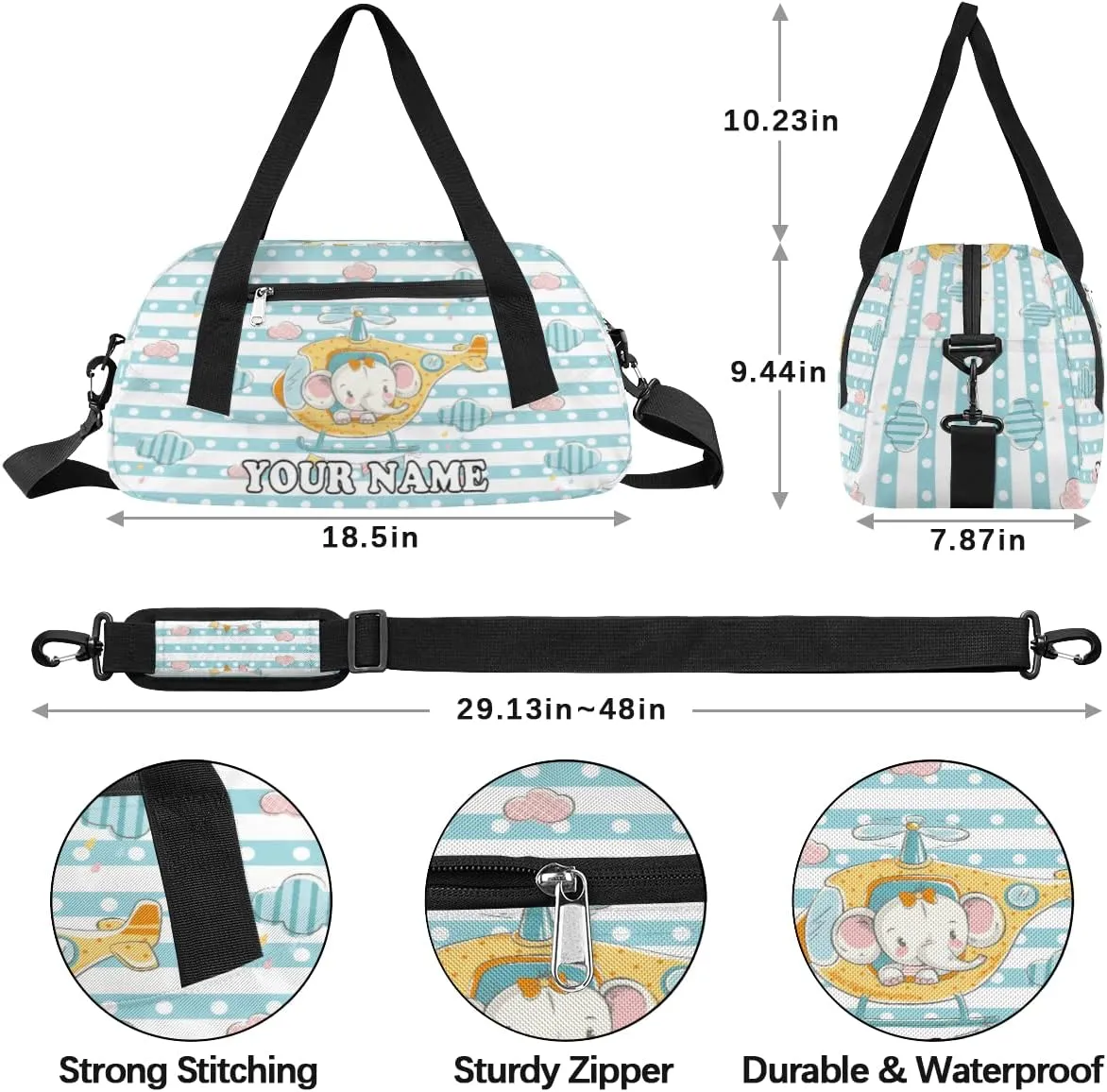 Custom Kids Duffel Overnight Bag Cute Elephant Personalized Kids Duffel Bag for Girls Boys Customized Kids Gifts - Animal Cyan