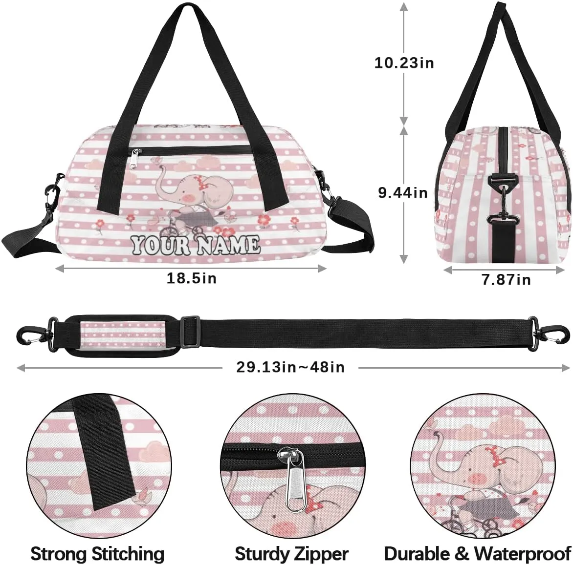 Custom Kids Duffel Overnight Bag Cute Elephant Personalized Kids Duffel Bag for Girls Boys Customized Kids Gifts - Animal Purple