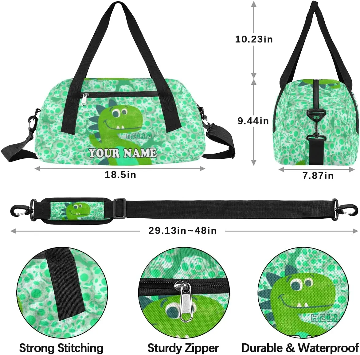 Custom Kids Duffel Overnight Bag Dinosaur Personalized Kids Duffel Bag for Girls Boys Customized Kids Gifts - Dinosaur Eggs Green