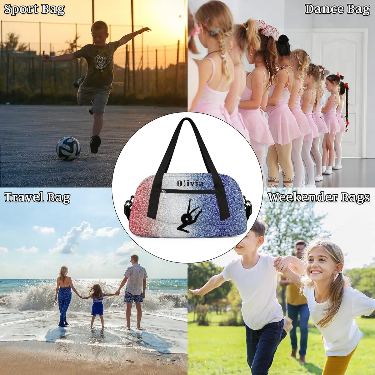 Custom Kids Duffel Overnight Bag Personalized Dance Bag Travel Duffel Bag for Girls Boys Customized Kids Gifts- Blue Glitter Dance