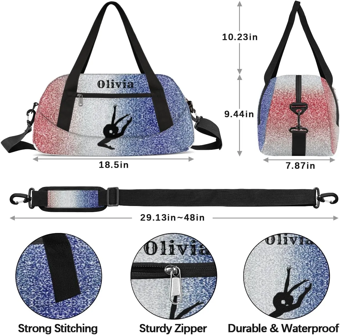 Custom Kids Duffel Overnight Bag Personalized Dance Bag Travel Duffel Bag for Girls Boys Customized Kids Gifts- Blue Glitter Dance