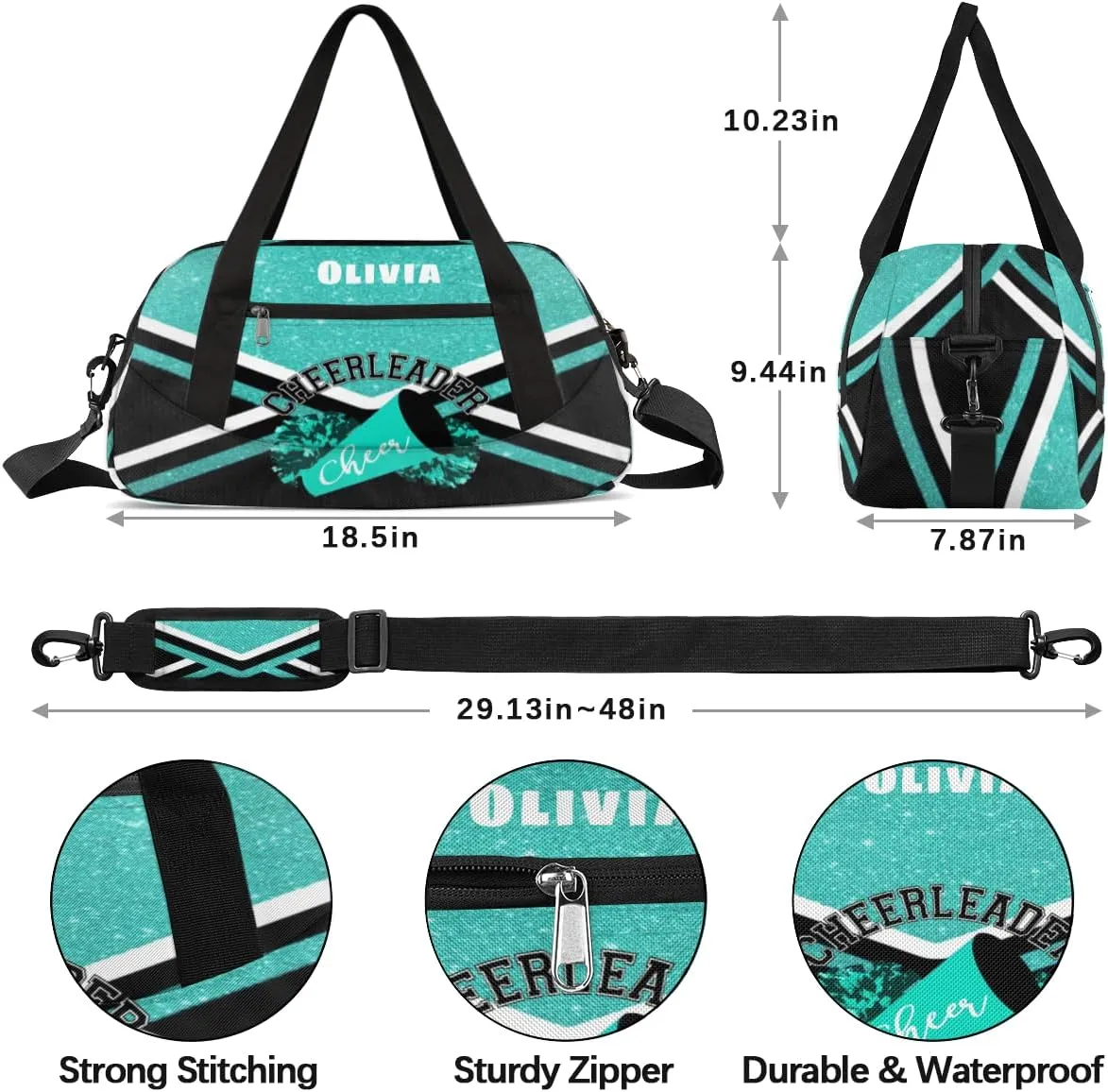 Custom Kids Duffel Overnight Bag Personalized Dance Bag Travel Duffel Bag for Girls Boys Customized Kids Gifts- Bright Blue Cheerleader