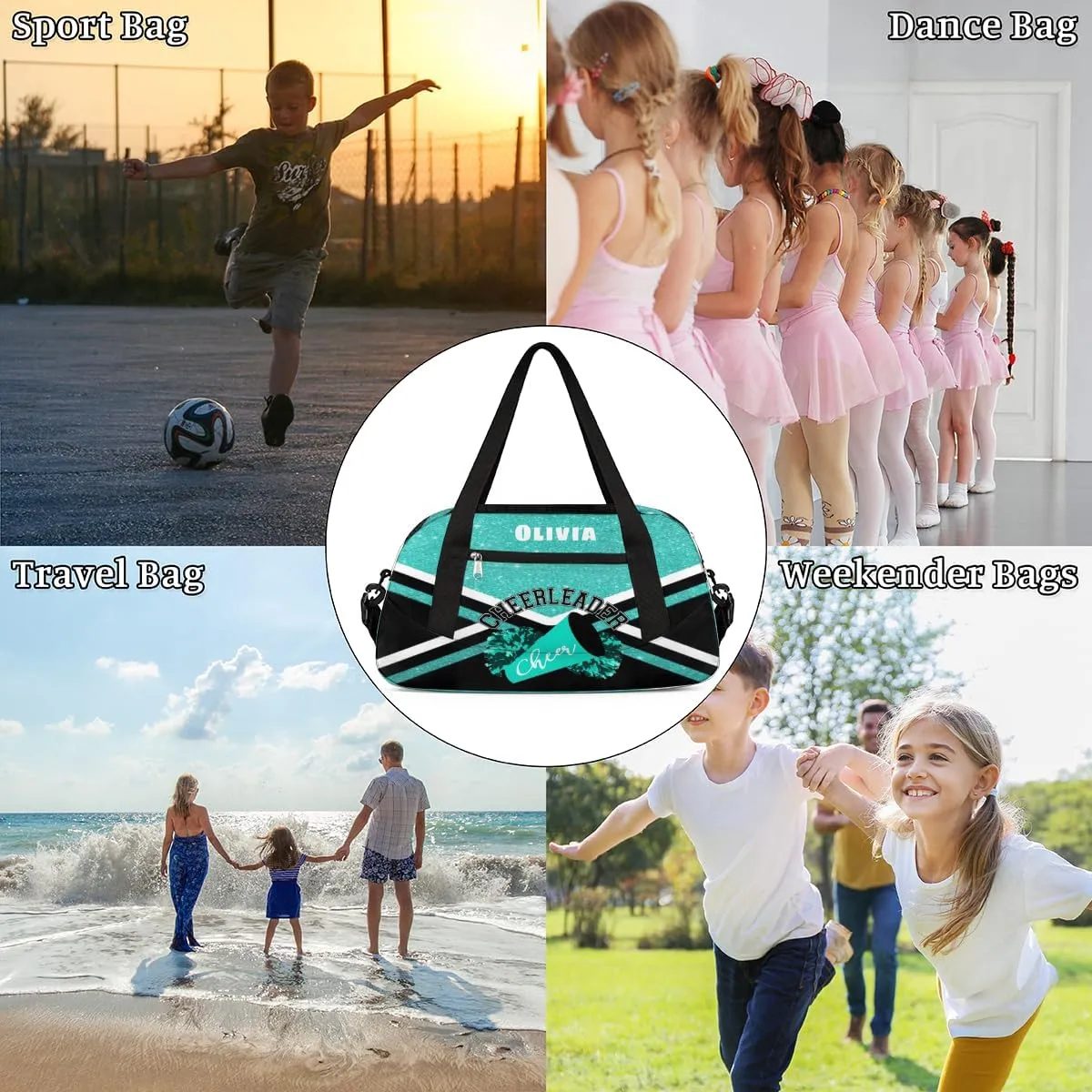Custom Kids Duffel Overnight Bag Personalized Dance Bag Travel Duffel Bag for Girls Boys Customized Kids Gifts- Bright Blue Cheerleader