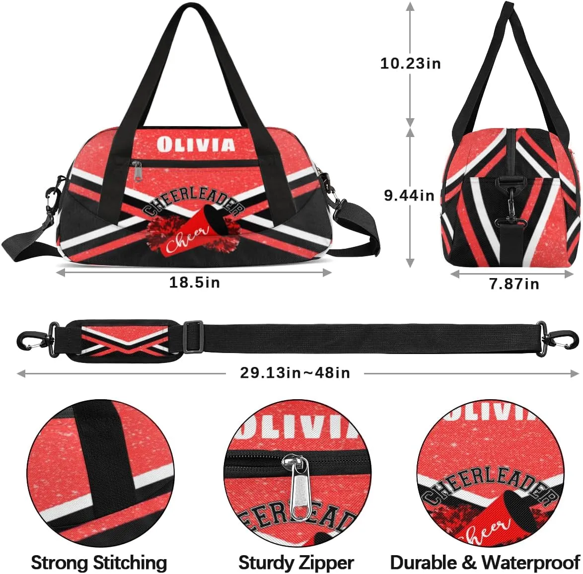 Custom Kids Duffel Overnight Bag Personalized Dance Bag Travel Duffel Bag for Girls Boys Customized Kids Gifts- Bright red Cheerleader