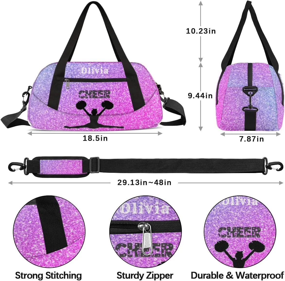 Custom Kids Duffel Overnight Bag Personalized Dance Bag Travel Duffel Bag for Girls Boys Customized Kids Gifts- Cheerleader Purple Pink