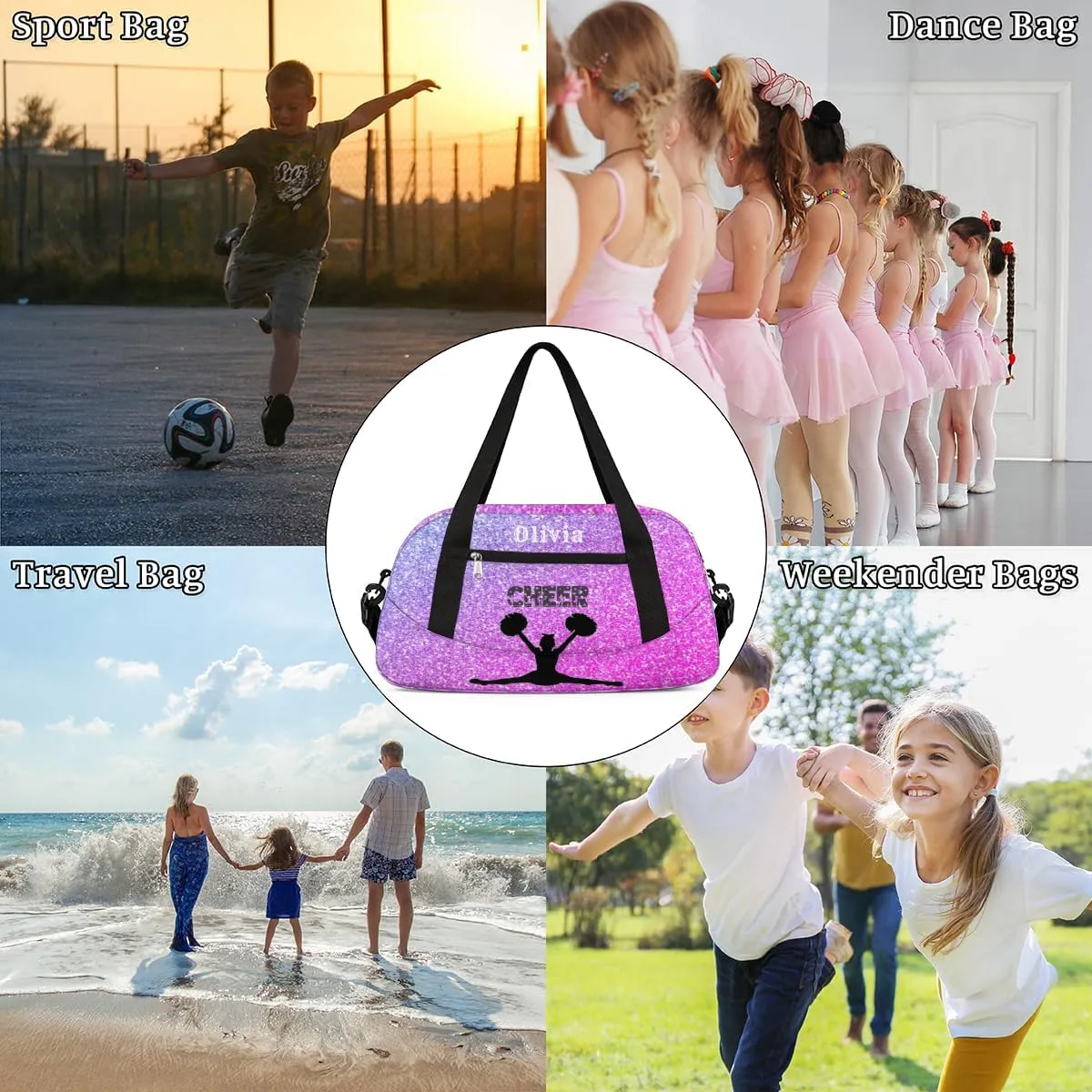 Custom Kids Duffel Overnight Bag Personalized Dance Bag Travel Duffel Bag for Girls Boys Customized Kids Gifts- Cheerleader Purple Pink