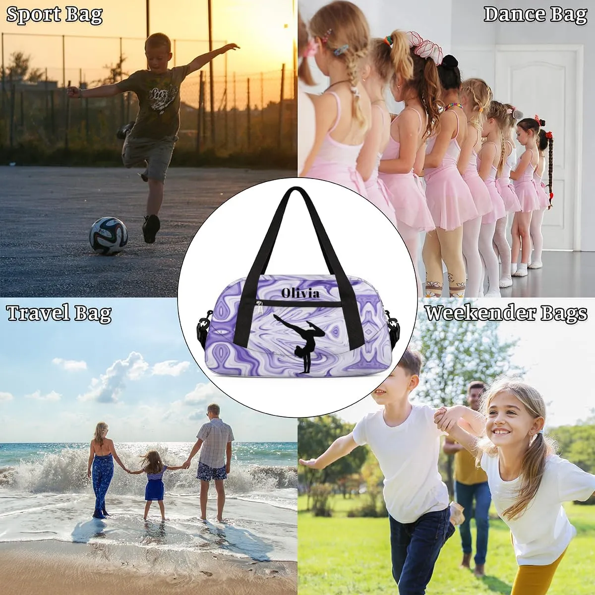 Custom Kids Duffel Overnight Bag Personalized Dance Bag Travel Duffel Bag for Girls Boys Customized Kids Gifts- Girls Gymnastics in Purple