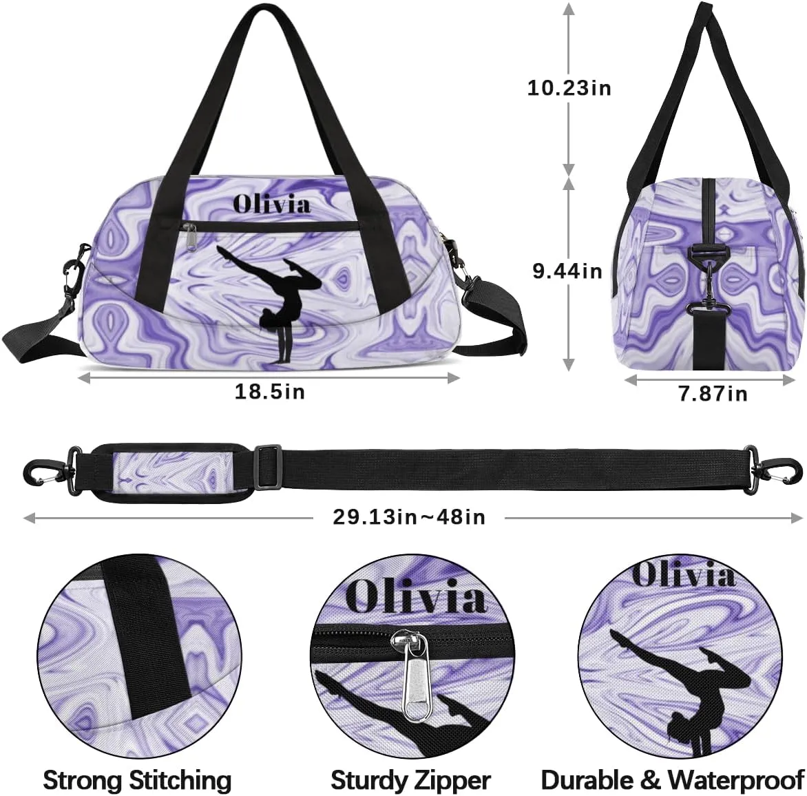 Custom Kids Duffel Overnight Bag Personalized Dance Bag Travel Duffel Bag for Girls Boys Customized Kids Gifts- Girls Gymnastics in Purple