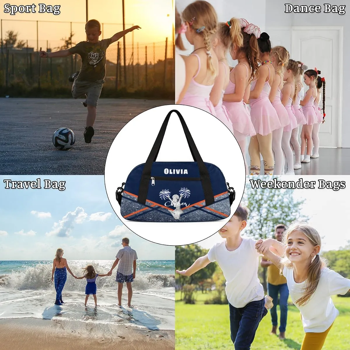 Custom Kids Duffel Overnight Bag Personalized Dance Bag Travel Duffel Bag for Girls Boys Customized Kids Gifts- Orange Black Cheer