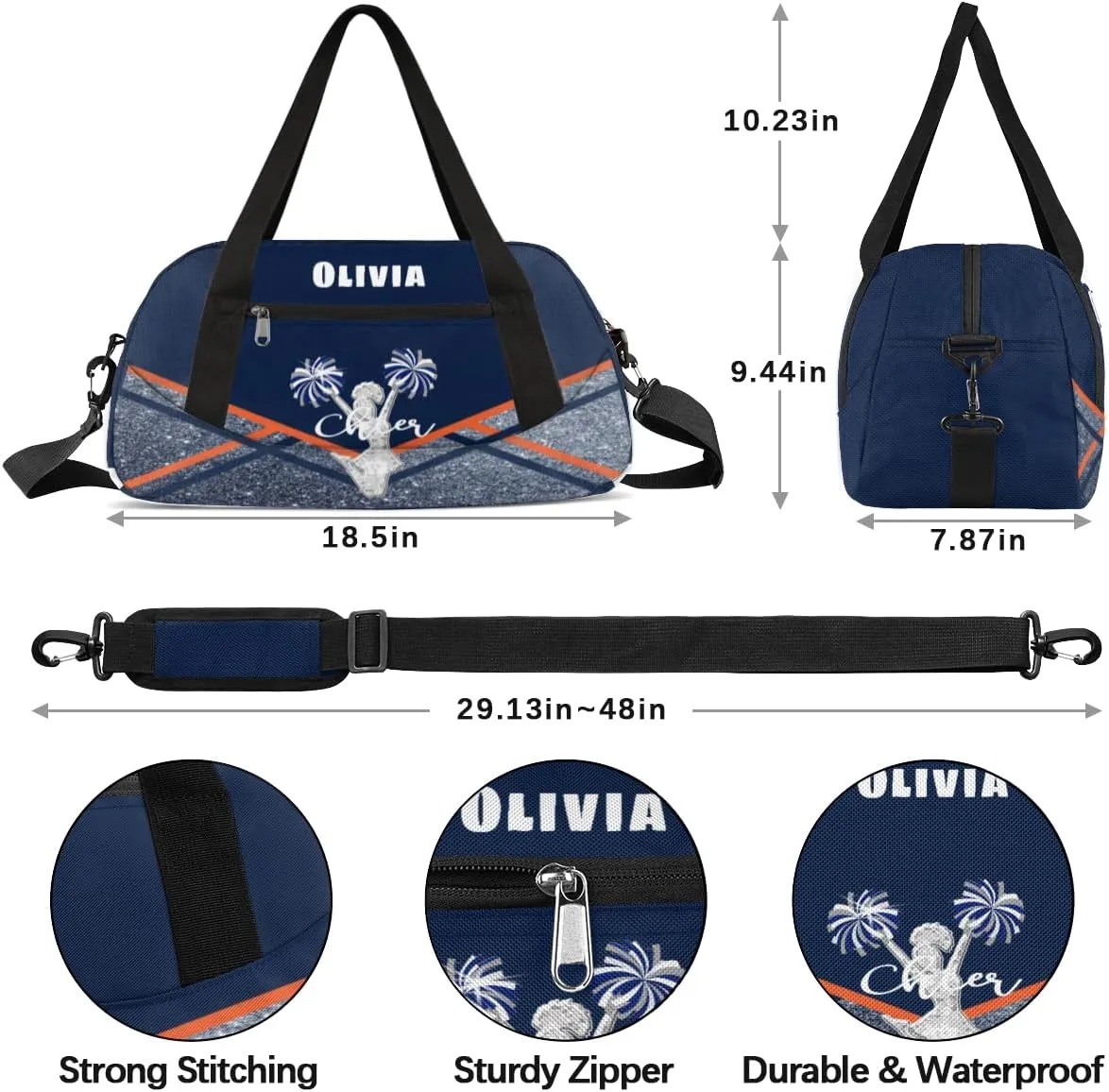 Custom Kids Duffel Overnight Bag Personalized Dance Bag Travel Duffel Bag for Girls Boys Customized Kids Gifts- Orange Black Cheer