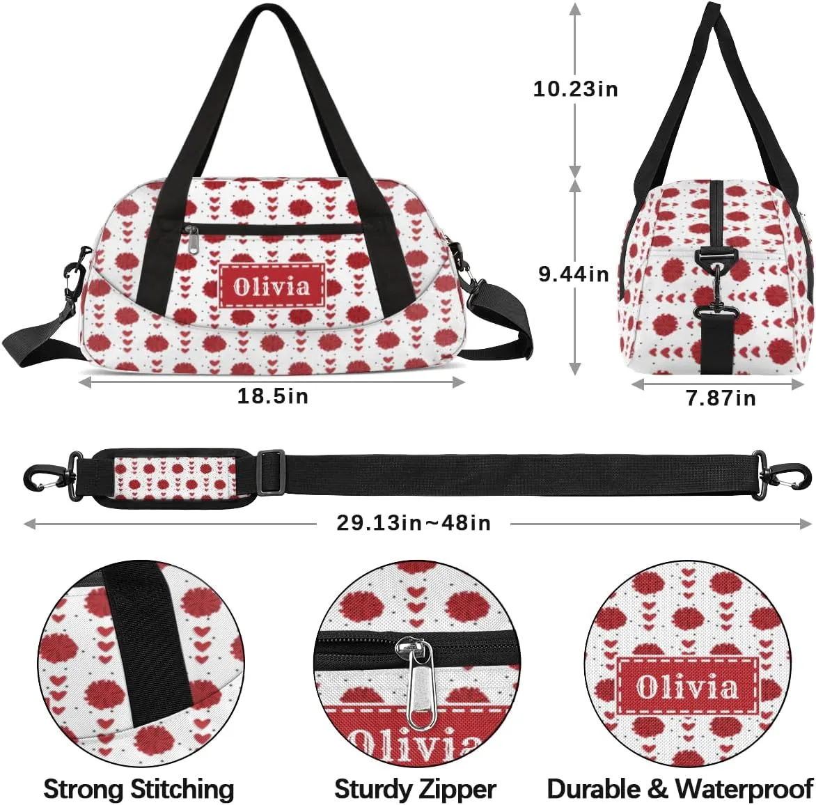 Custom Kids Duffel Overnight Bag Personalized Dance Bag Travel Duffel Bag for Girls Boys Customized Kids Gifts- Red Cheerleader Hearts