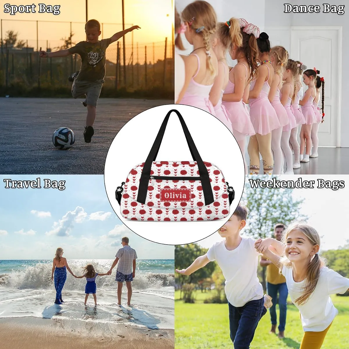 Custom Kids Duffel Overnight Bag Personalized Dance Bag Travel Duffel Bag for Girls Boys Customized Kids Gifts- Red Cheerleader Hearts