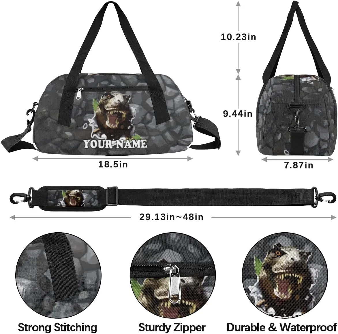 Custom Kids Duffel Overnight Bag Scary Dinosaur Personalized Kids Duffel Bag for Girls Boys Customized Kids Gifts - 3D Dinosaur Rock