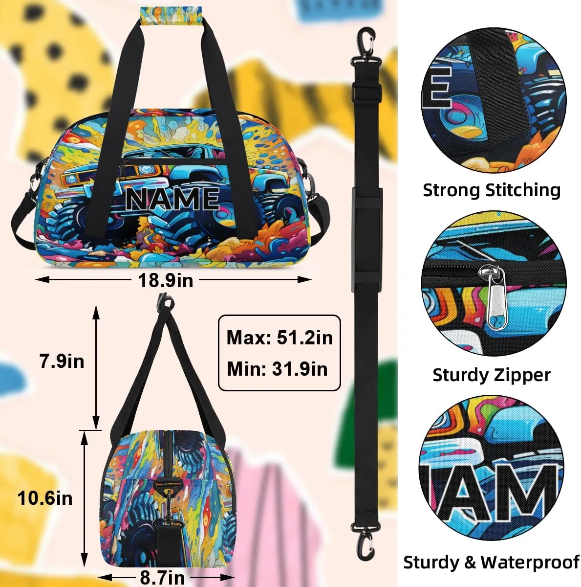 Custom Monster Truck Small Gym Bag 18 inch for Women Men Personalized Cars Monster Carry On Overnight Weekender Bag for Travel Work Dance Sport