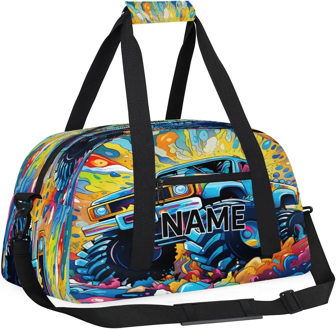 Custom Monster Truck Small Gym Bag 18 inch for Women Men Personalized Cars Monster Carry On Overnight Weekender Bag for Travel Work Dance Sport