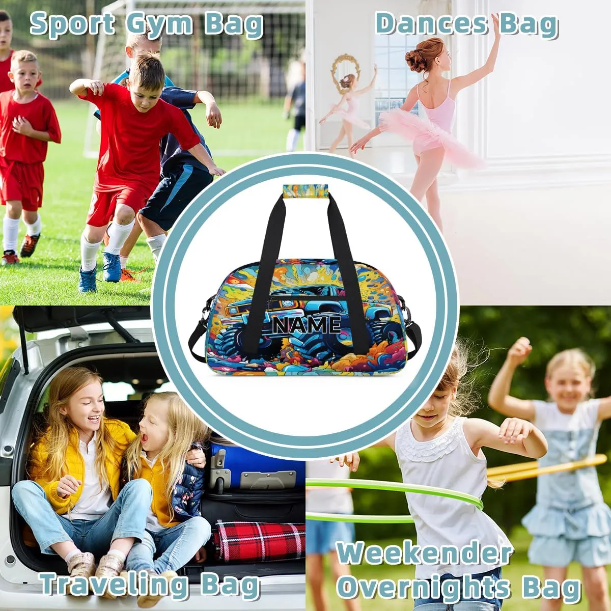 Custom Monster Truck Small Gym Bag 18 inch for Women Men Personalized Cars Monster Carry On Overnight Weekender Bag for Travel Work Dance Sport