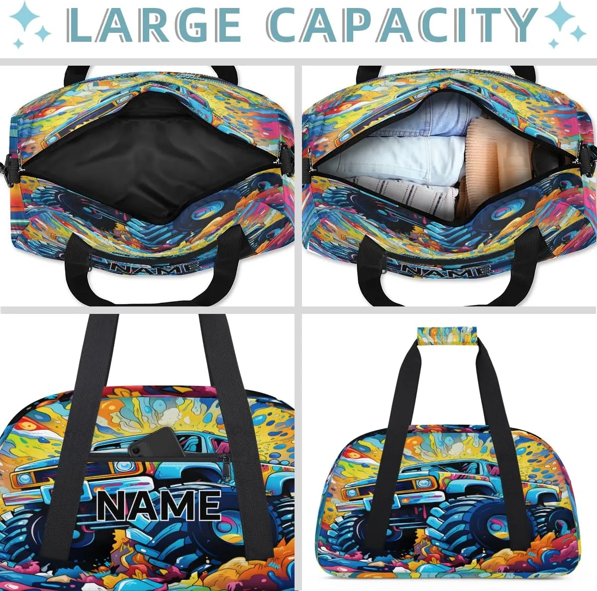 Custom Monster Truck Small Gym Bag 18 inch for Women Men Personalized Cars Monster Carry On Overnight Weekender Bag for Travel Work Dance Sport