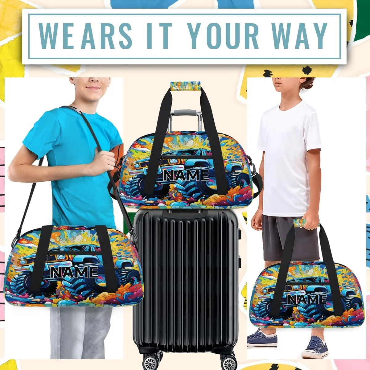 Custom Monster Truck Small Gym Bag 18 inch for Women Men Personalized Cars Monster Carry On Overnight Weekender Bag for Travel Work Dance Sport