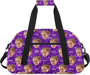 Custom Name and Face Photo Sports Dance Duffel Bag, Personalized Gym Cheerleading Bag Travel Weekender Tote Carry-On Fitness Perform Bag, Purple Glitters Effect Print