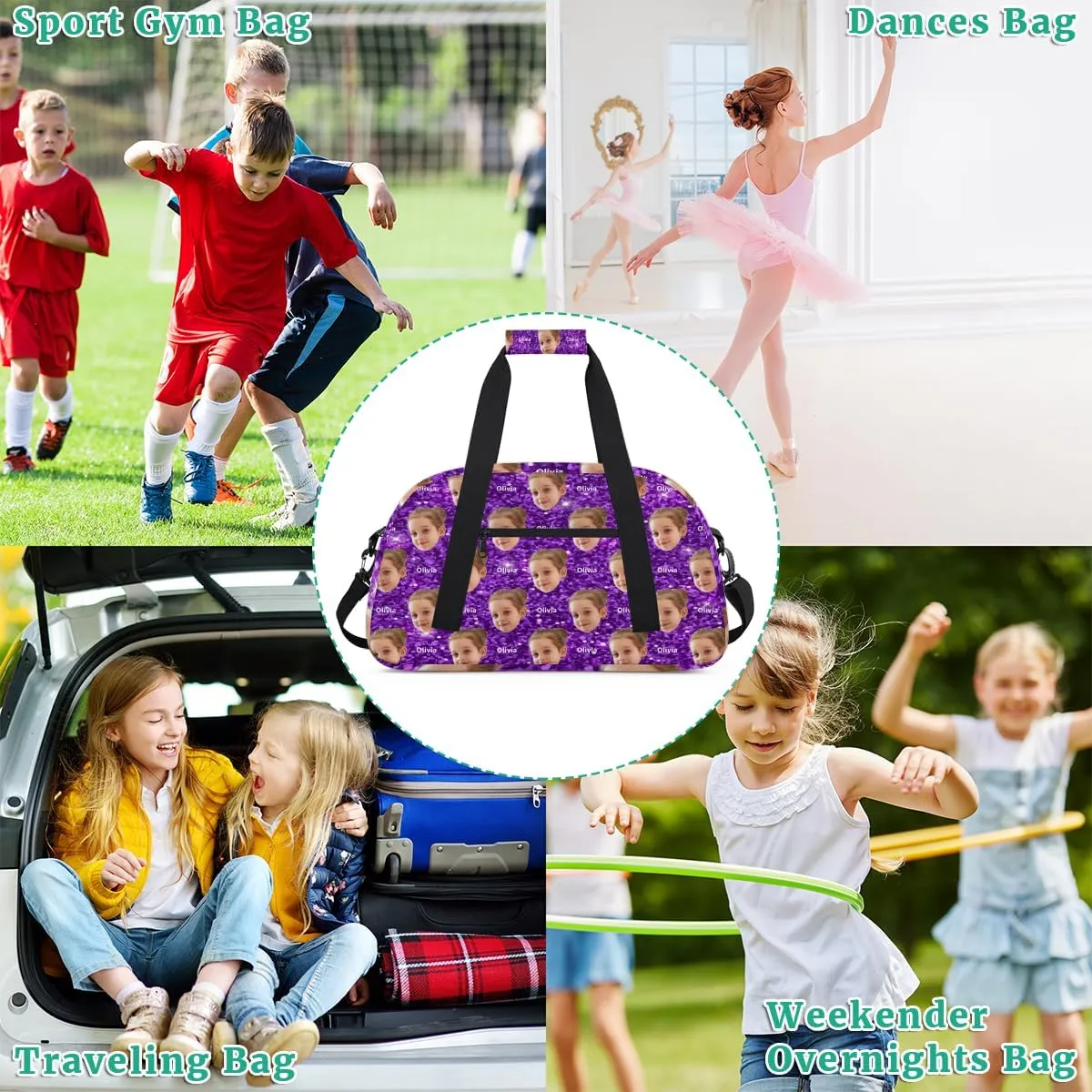 Custom Name and Face Photo Sports Dance Duffel Bag, Personalized Gym Cheerleading Bag Travel Weekender Tote Carry-On Fitness Perform Bag, Purple Glitters Effect Print