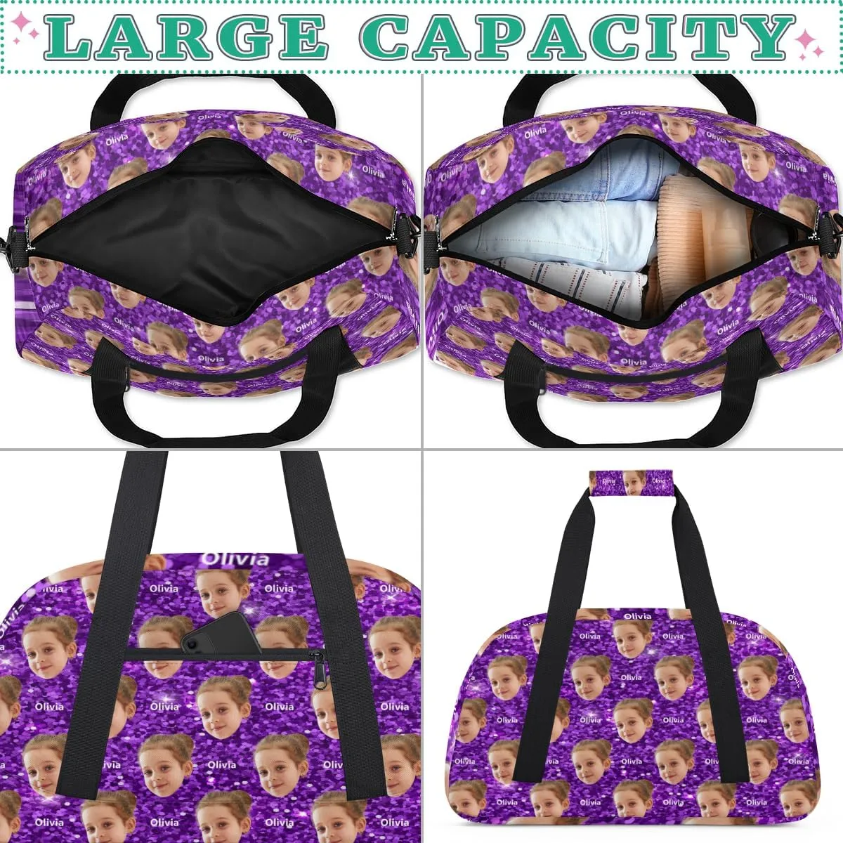 Custom Name and Face Photo Sports Dance Duffel Bag, Personalized Gym Cheerleading Bag Travel Weekender Tote Carry-On Fitness Perform Bag, Purple Glitters Effect Print