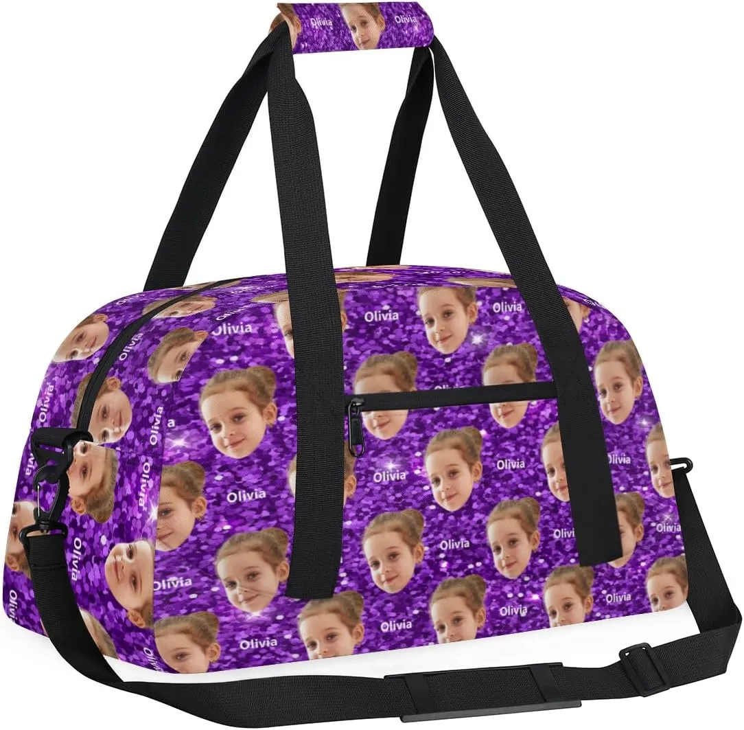 Custom Name and Face Photo Sports Dance Duffel Bag, Personalized Gym Cheerleading Bag Travel Weekender Tote Carry-On Fitness Perform Bag, Purple Glitters Effect Print