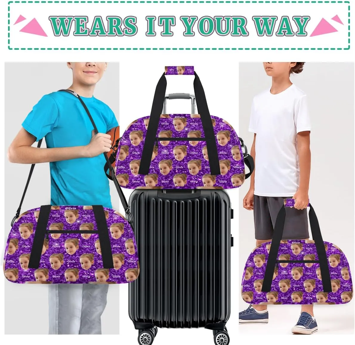 Custom Name and Face Photo Sports Dance Duffel Bag, Personalized Gym Cheerleading Bag Travel Weekender Tote Carry-On Fitness Perform Bag, Purple Glitters Effect Print