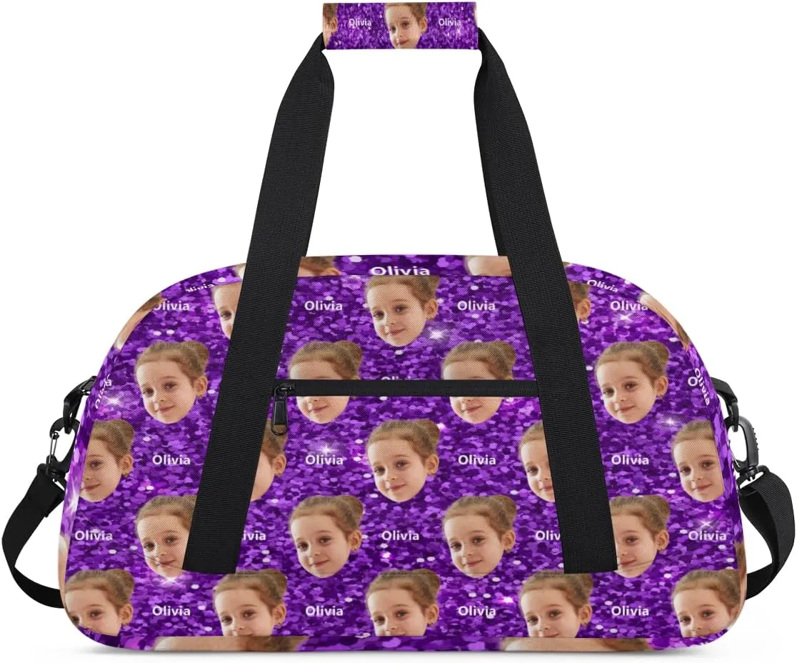 Custom Name and Face Photo Sports Dance Duffel Bag, Personalized Gym Cheerleading Bag Travel Weekender Tote Carry-On Fitness Perform Bag, Purple Glitters Effect Print