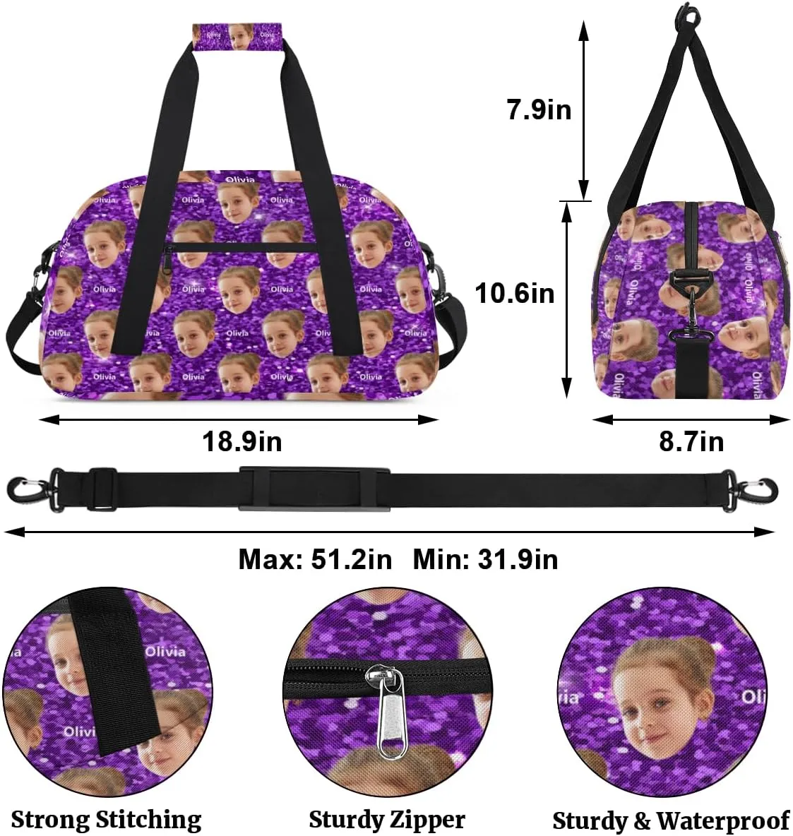 Custom Name and Face Photo Sports Dance Duffel Bag, Personalized Gym Cheerleading Bag Travel Weekender Tote Carry-On Fitness Perform Bag, Purple Glitters Effect Print