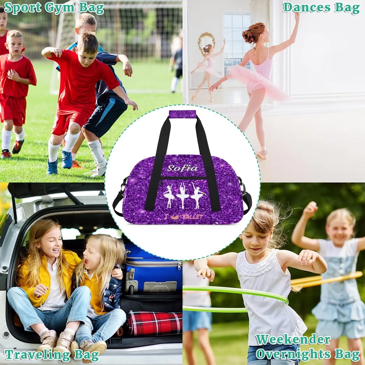 Custom Name Gymnastics Bag, Custom Name Sport Cheerleader Bag, Ballet Girls Silhouette Dark Purple Glitter Barrel Duffel Bag Women Men