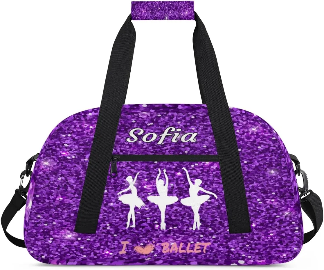 Custom Name Gymnastics Bag, Custom Name Sport Cheerleader Bag, Ballet Girls Silhouette Dark Purple Glitter Barrel Duffel Bag Women Men