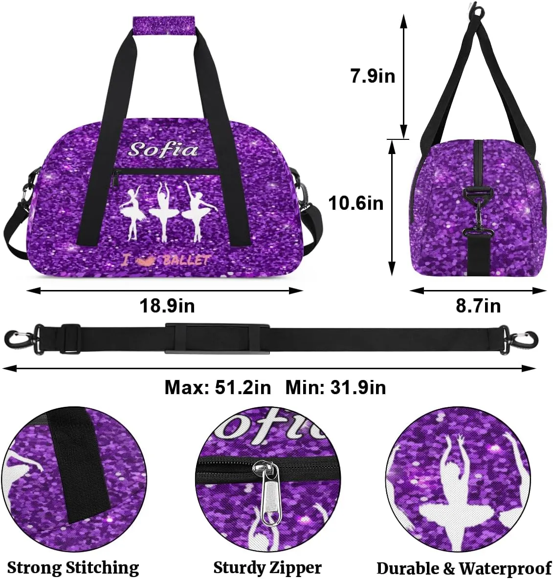 Custom Name Gymnastics Bag, Custom Name Sport Cheerleader Bag, Ballet Girls Silhouette Dark Purple Glitter Barrel Duffel Bag Women Men