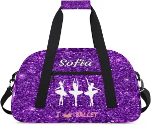 Custom Name Gymnastics Bag, Custom Name Sport Cheerleader Bag, Ballet Girls Silhouette Dark Purple Glitter Barrel Duffel Bag Women Men