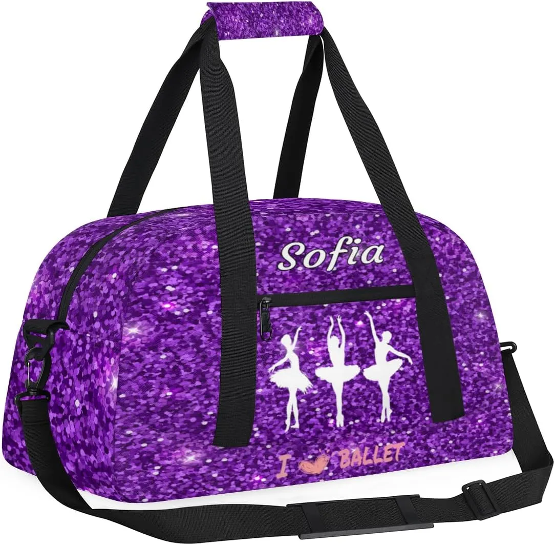 Custom Name Gymnastics Bag, Custom Name Sport Cheerleader Bag, Ballet Girls Silhouette Dark Purple Glitter Barrel Duffel Bag Women Men