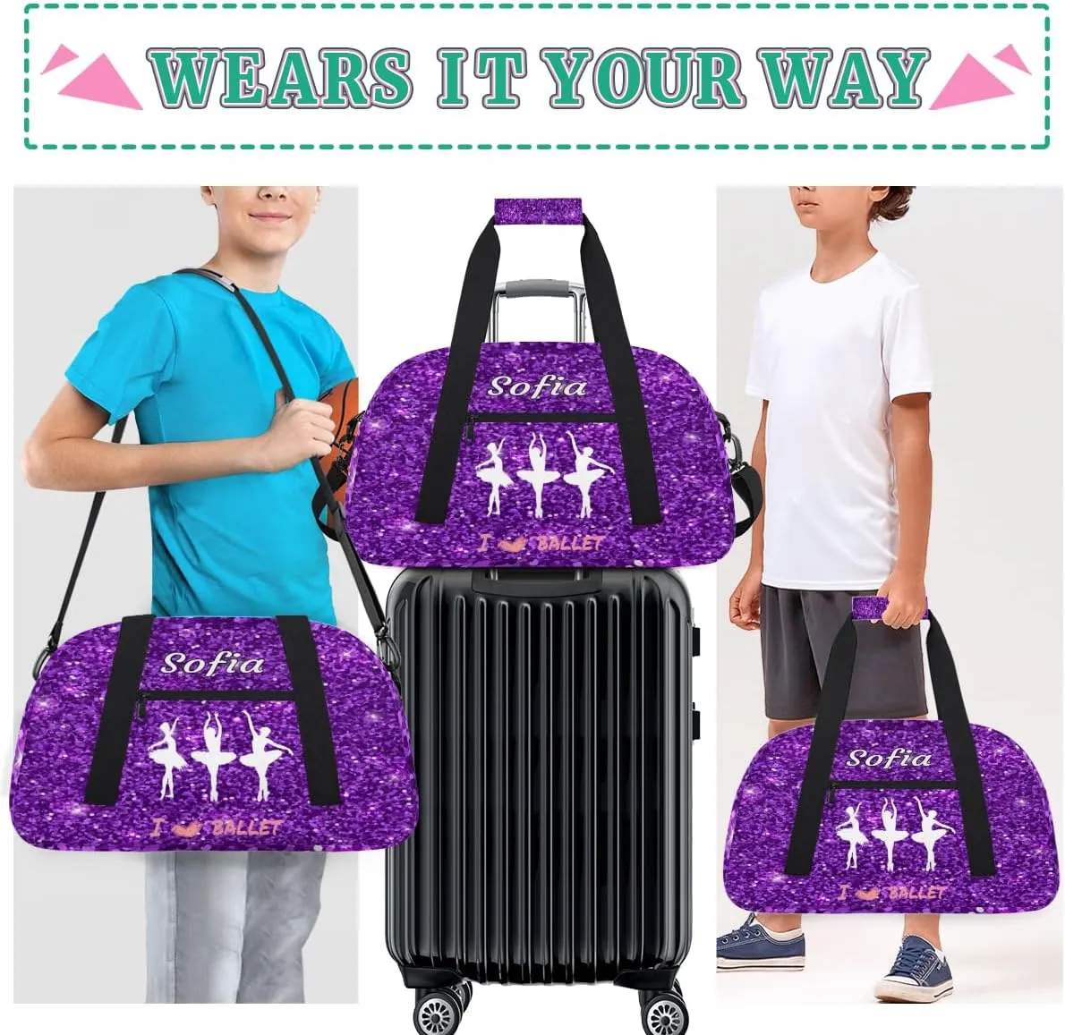 Custom Name Gymnastics Bag, Custom Name Sport Cheerleader Bag, Ballet Girls Silhouette Dark Purple Glitter Barrel Duffel Bag Women Men