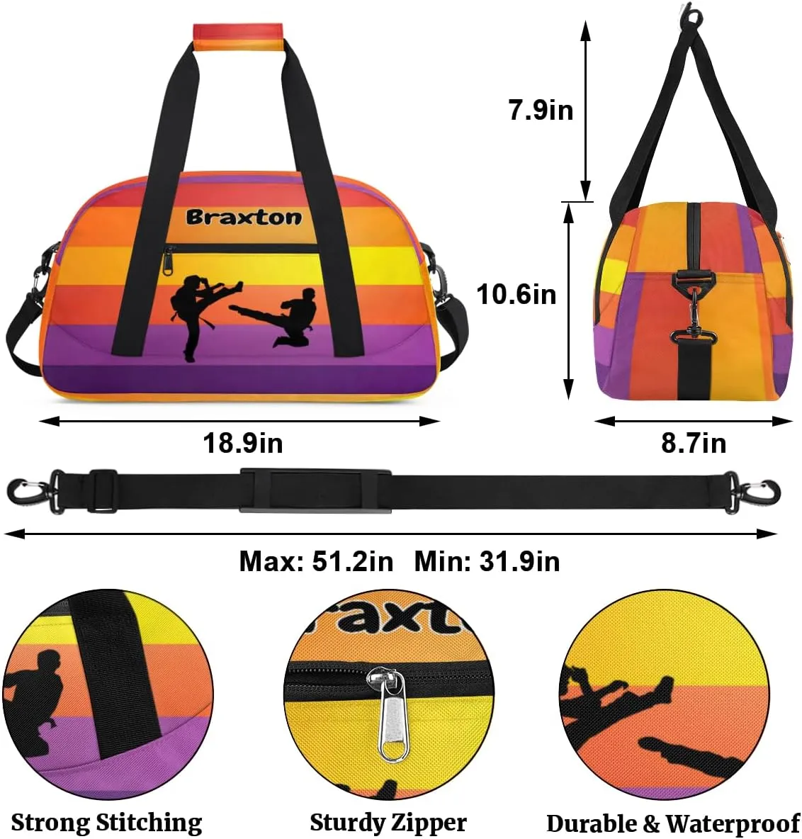 Custom Name Gymnastics Bag, Custom Name Sport Cheerleader Bag, Colorful Stripes Martial Arts Battle Barrel Duffel Bag Women Men