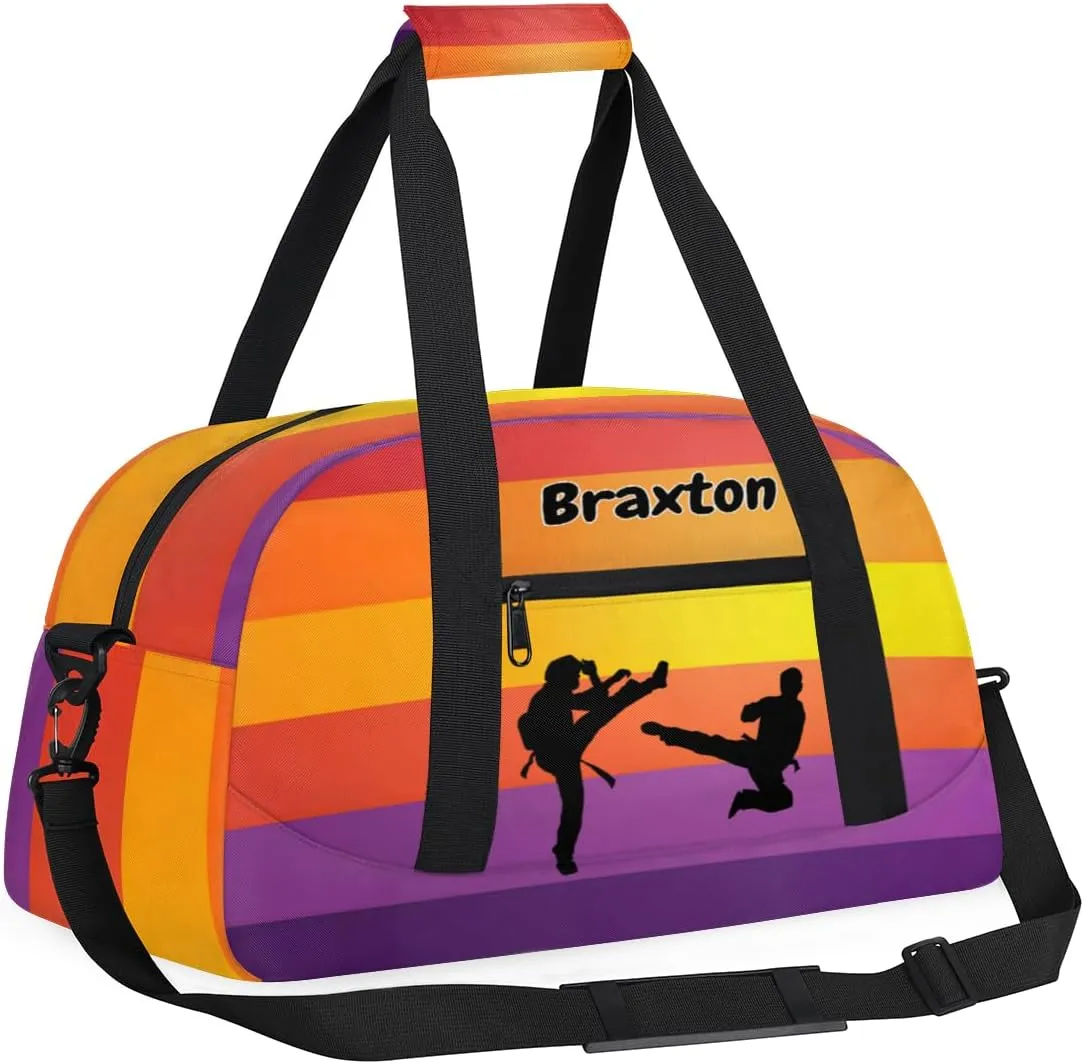 Custom Name Gymnastics Bag, Custom Name Sport Cheerleader Bag, Colorful Stripes Martial Arts Battle Barrel Duffel Bag Women Men