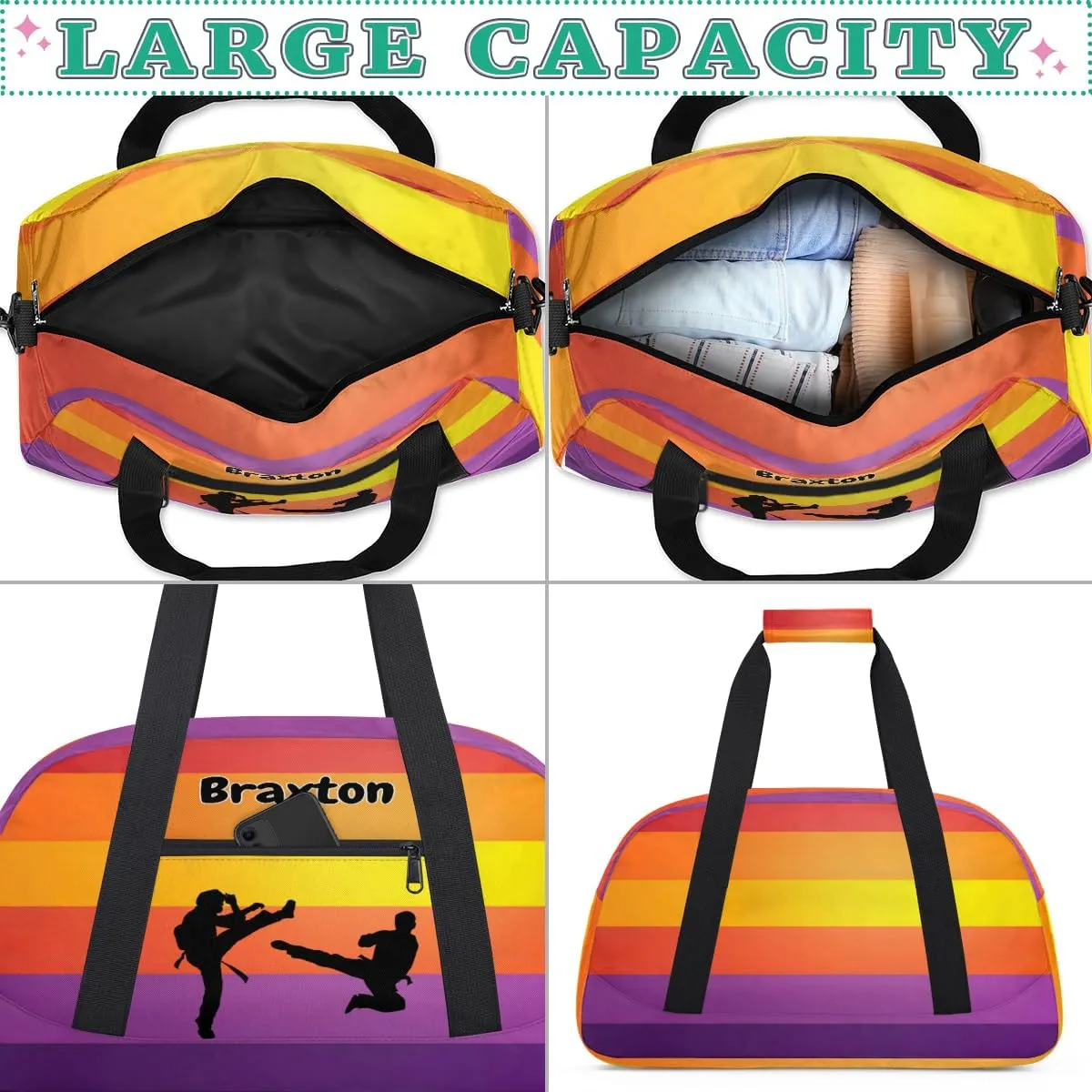 Custom Name Gymnastics Bag, Custom Name Sport Cheerleader Bag, Colorful Stripes Martial Arts Battle Barrel Duffel Bag Women Men