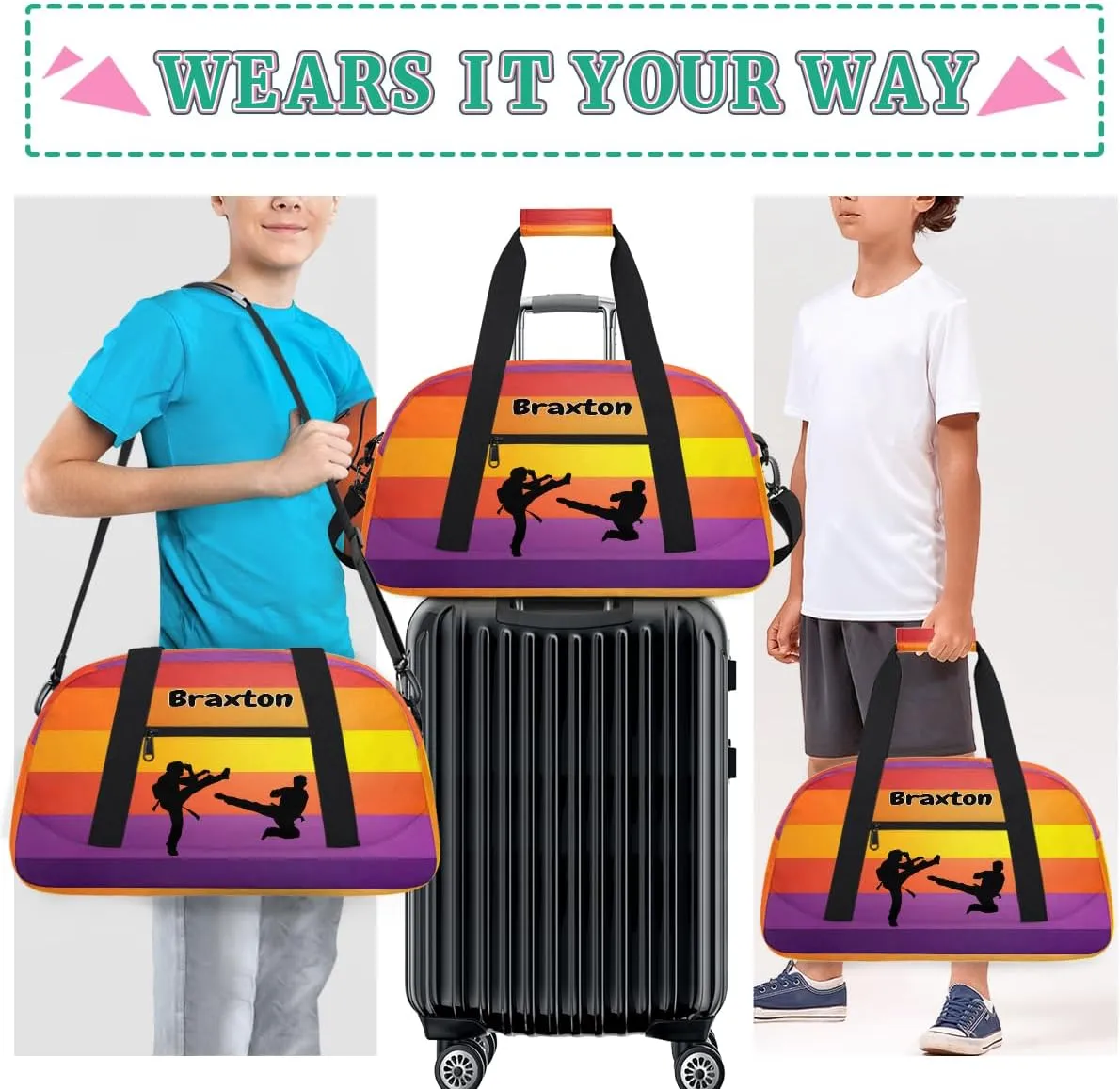 Custom Name Gymnastics Bag, Custom Name Sport Cheerleader Bag, Colorful Stripes Martial Arts Battle Barrel Duffel Bag Women Men