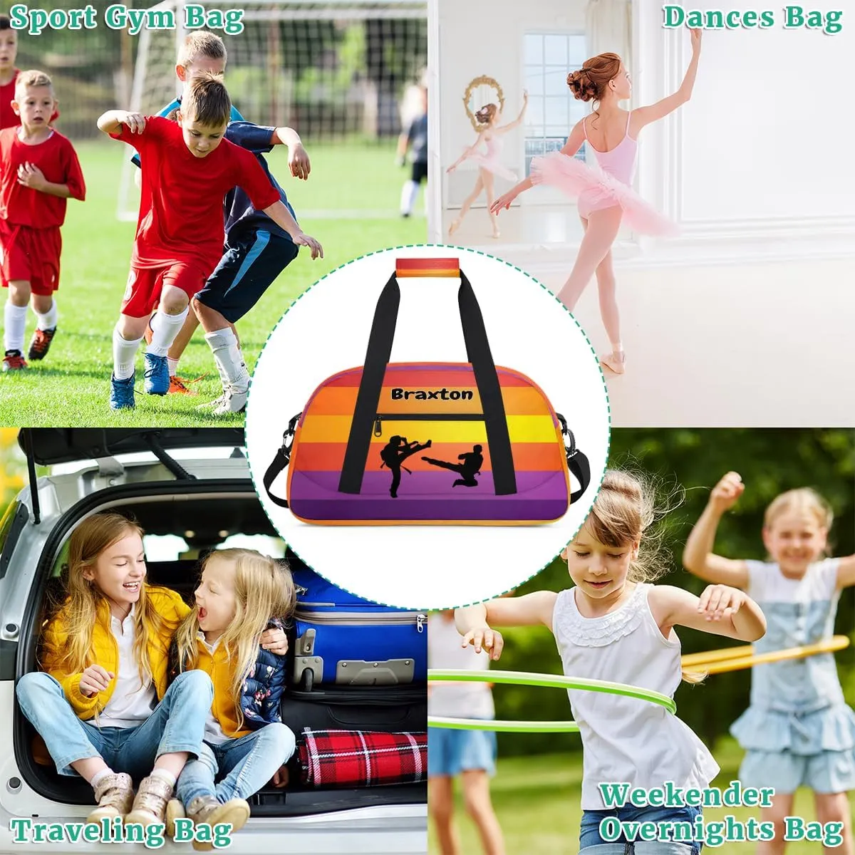 Custom Name Gymnastics Bag, Custom Name Sport Cheerleader Bag, Colorful Stripes Martial Arts Battle Barrel Duffel Bag Women Men